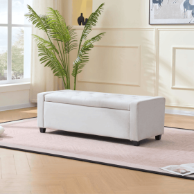 48" Storage Bedroom Bench for End of Bed, Faux Linen Upholstered Storage Ottoman with Arms for Bedroom,Living Room, Entryway, Beige