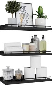 Floating shelving unit with black metal railing, 3-piece set, suitable for bedrooms, bathrooms, kitchens, living rooms, etc., for displaying plan