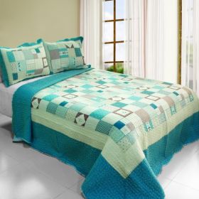 Cotton 3PC Vermicelli-Quilted Printed Quilt Set (Full/Queen Size)