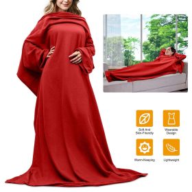 Wearable Fleece Blanket with Sleeves Cozy Warm Microplush Sofa Blanket Extra Soft Lightweight for Women Men 3 Colors (Color: Red)