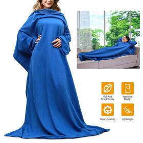 Wearable Fleece Blanket with Sleeves Cozy Warm Microplush Sofa Blanket Extra Soft Lightweight for Women Men 3 Colors (Color: Blue)