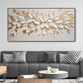 Handmade Oil Painting Gold Foil Flower Knife Canvas Painting Abstract Blooming White Floral Modern Light Luxury Texture Art Premium Home Wall Dec (Style: 01, size: 80x160cm)