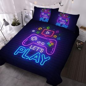 Gaming Bedding Sets for Boys Trippy Gamer Bed Set with Duvet Cover Pillowcases Neon Purple Blue 3 Piece Game Controller Bedding Set (Color: Purple, size: QUEEN)