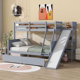 Twin over Full Bunk Bed with 2 Drawers,Slide,Shelves,Ladder,Rubber Wood Bunk Bed with Slide,Drawers,Grey (Color: grey, Material: Rubber Wood)